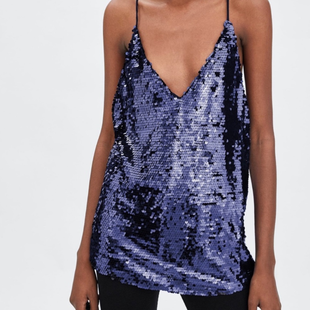 NWOT zara navy deep-v sequin tank